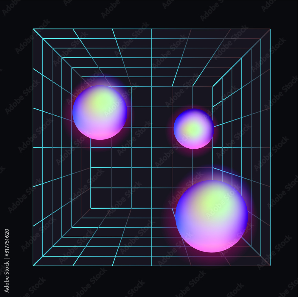 Poster laser grid with glowing neon spheres on dark background. vaporwave and synthwave style illustration.