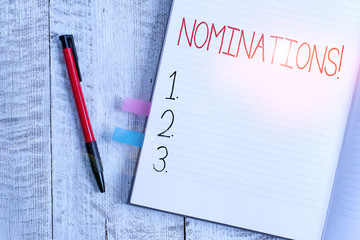Handwriting text writing Nominations. Conceptual photo action of nominating or state being...