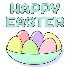 Happy Easter card with painted eggs in plate and lettering. Holiday concept coloring in pastel colors - pink, blue, yellow, green and coral. Square vector flat illustration isolated on white