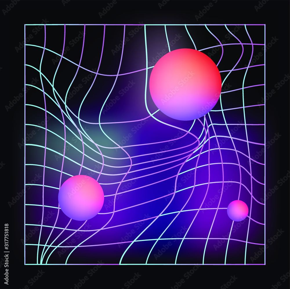 Poster laser grid with glowing neon spheres on dark background. vaporwave and synthwave style illustration.