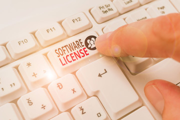 Word writing text Software License. Business photo showcasing legal instrument governing the...