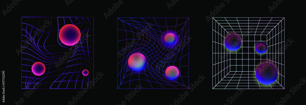 Poster laser grid with glowing neon spheres on dark background. vaporwave and synthwave style illustration.