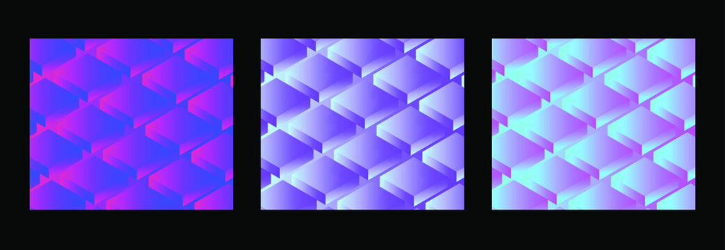 Abstract retrofuturistic background with repetative pattern of neon rectangular 3d shapes in isometric projection. Vaporwave and synthwave 80's-90's aesthetics style illustration.