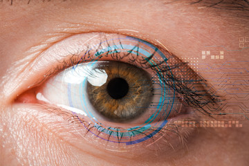 close up of young woman looking at camera, internet security concept