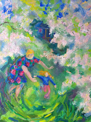 Woman in a bright olorful dress with a little girl in a blooming spring fruit garden. Oil painting on canvas.