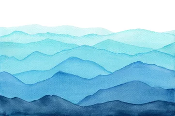 Fotobehang abstracte indigo lichtblauwe aquarel golven bergen op witte achtergrond © Yulia Druzenko
