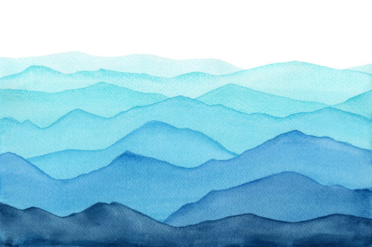 abstract indigo light blue watercolor waves mountains on white background