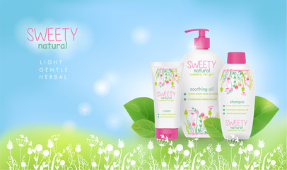 Children cosmetic on blue background. White packages, beautiful floral ornament. Vector