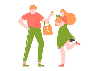 Young couple is shopping in a store without plastic. Eco-friendly packaging and bags. Zero waste life in eco style. Vector flat illustration.