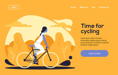 Bicycle riding landing page, banner, site, poster template. A young woman rides a bicycle in the city park. Vector illustration. Flat design concept.