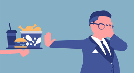 Junk fast food refusal, man restricting himself. Saying no to cheap, tempting calories, dieting to lose weight, prevent and treat diseases, diabetes or obesity. Vector illustration