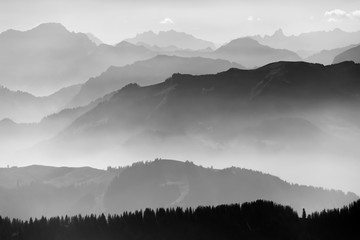 Hochgrat Panorama Bayern Deutschland Österreich Grenzgebiet Aussicht Fernsicht Gipfel Berge Dunst Nebel Silhouetten Staffelung Kamm Berge Alpen Graustufen schwarz weiß Hintergrund