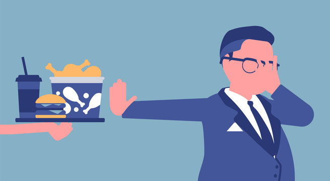 Junk Fast Food Refusal, Man Restricting Himself. Saying No To Cheap, Tempting Calories, Dieting To Lose Weight, Prevent And Treat Diseases, Diabetes Or Obesity. Vector Illustration