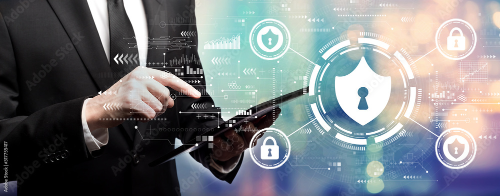 Poster cyber security theme with businessman using his tablet computer