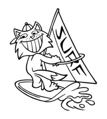 Cat on windsurf with baseball cap, sporting animal black and white cartoon