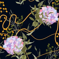 Papier Peint photo autocollant Élément floral et bijoux Bijoux en or vintage de collier et cordes rustiques, glands et ceintures avec feuilles et hortensia.