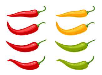 Hot chili peppers set isolated on white background. Vector illustration of red, yellow and green peppers. - obrazy, fototapety, plakaty
