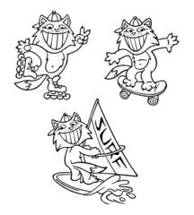 Cat on skates, skateboard and windsurf, sporting animals, set of black and white cartoon