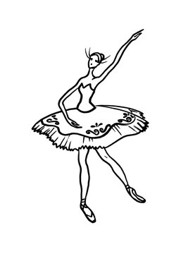 A sketch of a dancing ballerina in a tutu.Linear drawing on a white background