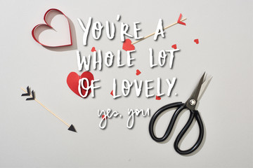 Fototapeta na wymiar Top view of heart shaped papers with arrows and scissors on grey background with you are a whole lot of lovely lettering