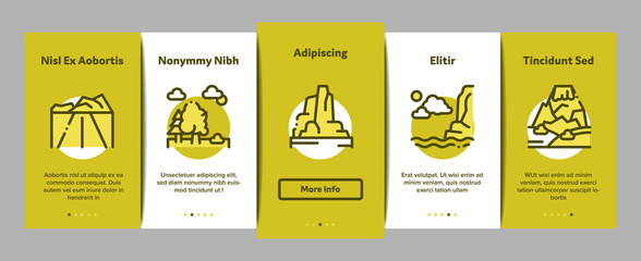 Landscape Travel Place Onboarding Mobile App Page Screen Vector. City And Seaside, Island And Mountain, Bridge And Park Landscape Concept Linear Pictograms. Color Contour Illustrations
