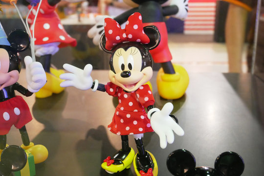 KUALA LUMPUR, MALAYSIA -JUNE 7, 2018: Fictional cartoon characters from Disney called Mickey & Minnie Mouse. Collector item of Mickey Mouse action figure display on a table. 