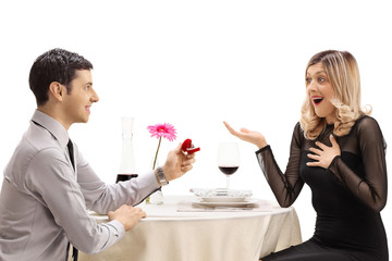 Man kneeling and proposing with a ring to a woman