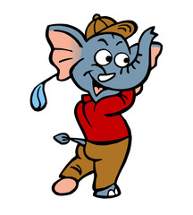 Elephant mascot playing golf with baseball cap, shirt and trousers, color clipart