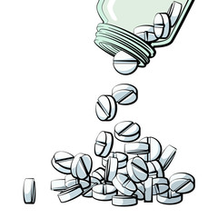 Pills spilled from bottle vector illustration. Pile of tablet pills concept in color.