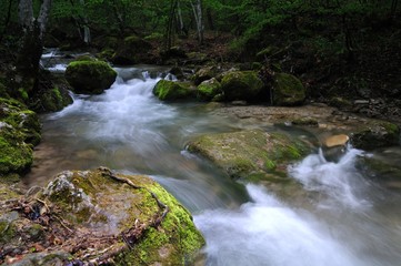 Obraz premium Stream with waterfall and mossy stones around