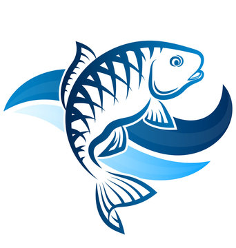 Fish on blue water waves illustration for fishing