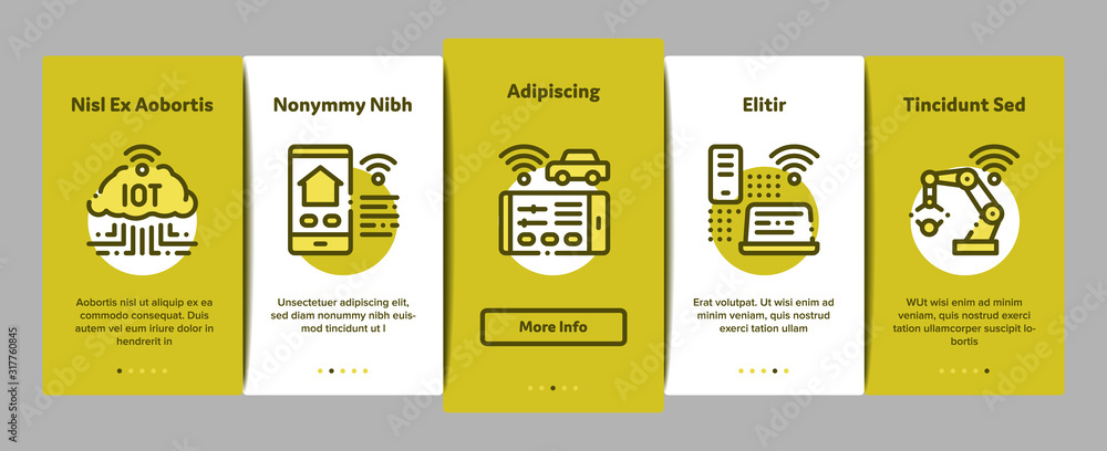 Poster internet of things iot onboarding mobile app page screen vector. wifi signal in bus and truck, cctv 