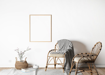 interior mock up poster frame in white modern background, living room, Scandinavian style, 3D render, 3D illustration © lilasgh
