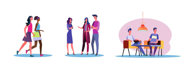 Set of casual men and women talking to each other. Flat vector illustrations of young people spending time together. Friendship and relationship concept for banner, website design or landing web page