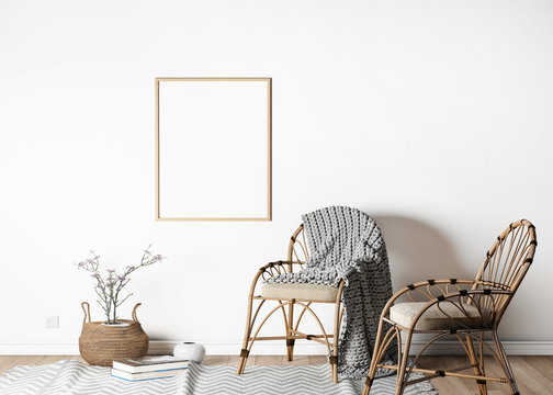 Fototapeta interior mock up poster frame in white modern background, living room, Scandinavian style, 3D render, 3D illustration