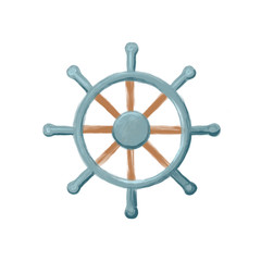 Watercolor ship steering wheel. Helm on white background.