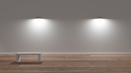 gallery space backdrop for art, wooden floor two lights and bench