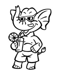 Elephant mascot with sunglasses drinks mixed drink with orange slice black and white clipart