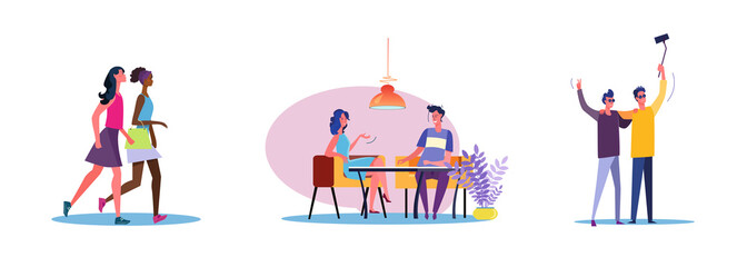 Set of casual people spending time together. Flat vector illustrations of men and women being friends. Friendship and relationship concept for banner, website design or landing web page