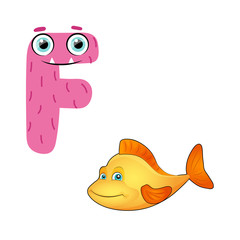 Vector Cute Childish Cartoon English Alphabet. Letter F With Fish. The Letter Like Little Monster. Flat style. Vector illustration