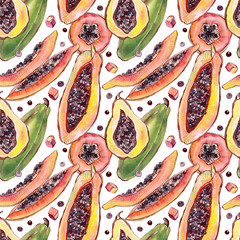 Watercolor illustration, seamless pattern of papaya fruits and slices.