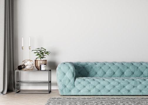 Mock Up Interior For Living Room, Luxury Blue Sofa In Gray Background