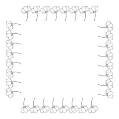 Square frame with little vertical black-and-white cosmos flowers on white background. Isolated floral frame for your design. Vector image.