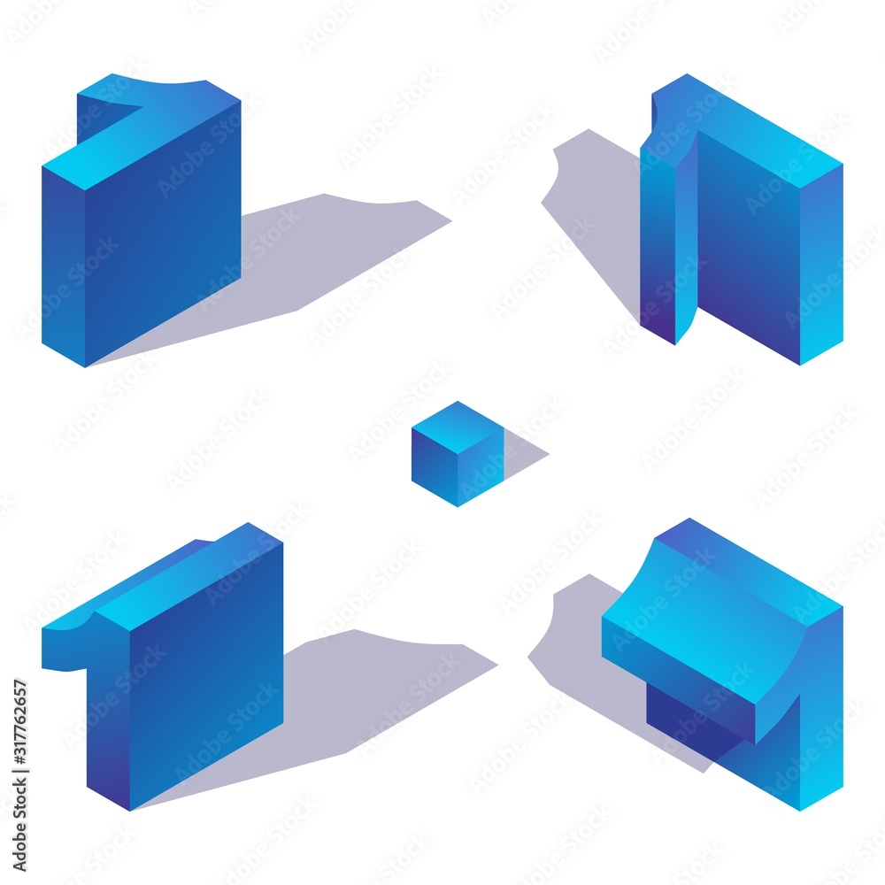Poster isometric number 1 in various foreshortening views. one digit decorated with shadow and blue gradien