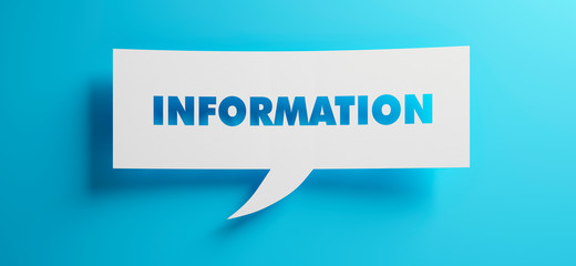 Speech bubble with the word information in front of a cyan colored wall - 3D illustration
