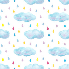 Watercolor hand drawn seamless pattern with blue clouds and multi colored raindrops isolated on white background. Print for textile, wallpaper, wrapping paper, background, design etc.