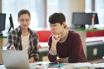 Young woman in casual clothing pointing at laptop computer and explaining to young man some new material after lessons