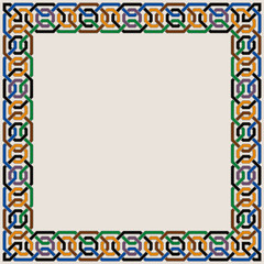 Colorful Ornate Vector Border of Moorish Tiled Decorations. Mosaic frame in Palace of Alhambra Style.