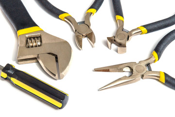 Set of tools for master plumber or electrician on white isolated background