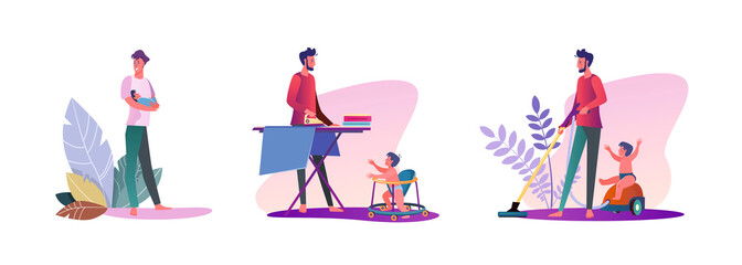 Set of young men hanging out with their kids. Flat vector illustrations of casual men being dads. Fatherhood and parenting concept for banner, website design or landing web page